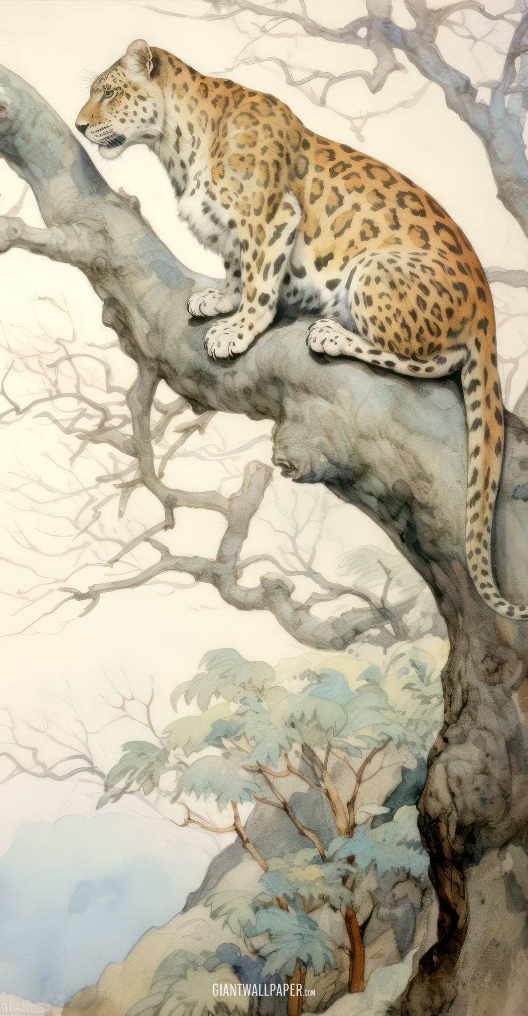 Leopard Perched High on Tree Branch