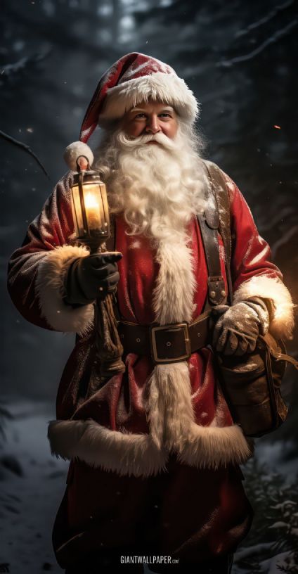 Santa holding a lantern in the night - spreading holiday cheer