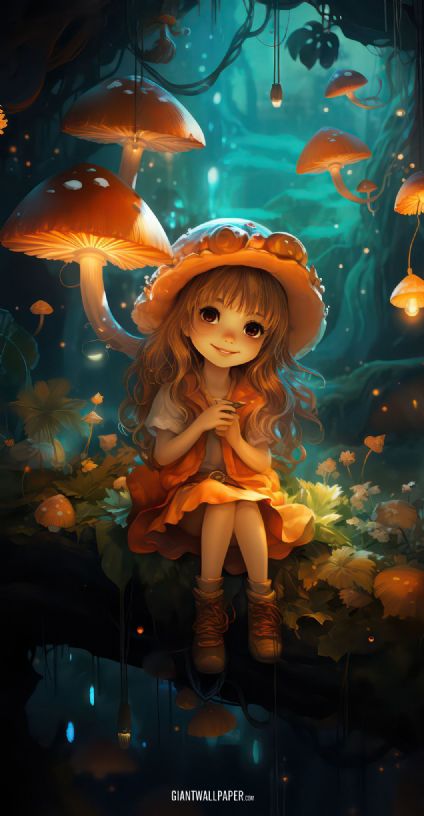 A captivating image capturing the magical moment of a cute girl sitting beneath large illuminating mushrooms, evoking a sense of wonder and whimsy in a captivating setting.