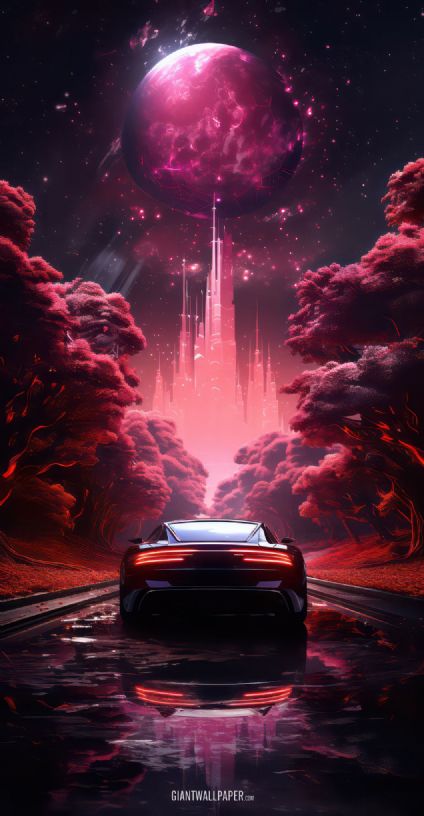 A futuristic black supercar embarking on an interplanetary adventure, driving across the red landscape of another planet, in a cosmic and otherworldly journey