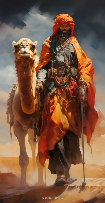 A man travels with a camel in desert