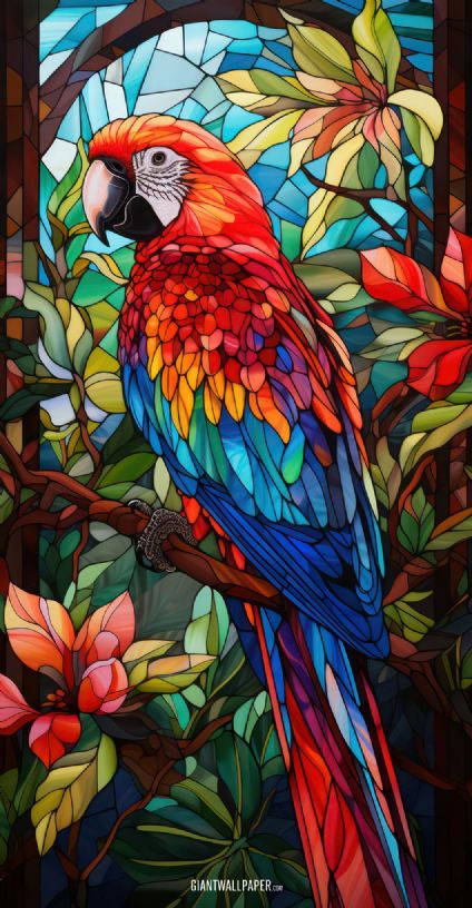 Red Parrot in the Forest, Branch, Stained Glass, Bird, Animal