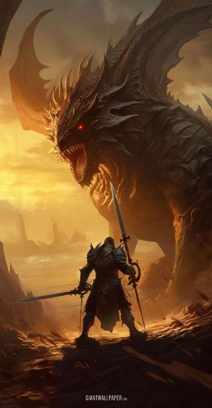 Witness an epic confrontation as a fearless dragon slayer faces a giant dragon. This fantasy artwork portrays a heroic battle between the brave warrior and the mythical creature, showcasing the allure of mythical fantasy.