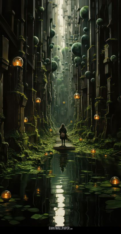 Man walking into a dark forest full of lanterns - a mysterious and enchanting journey