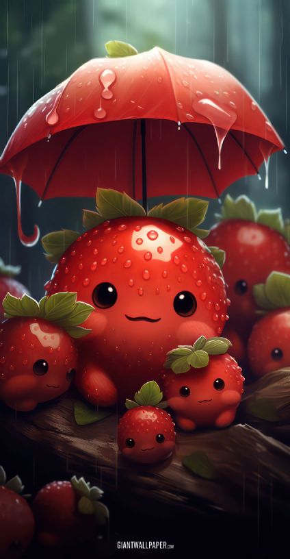 An endearing image capturing the charm of cute red tomatoes sheltered under a large umbrella during a rain shower, a delightful and colorful sight