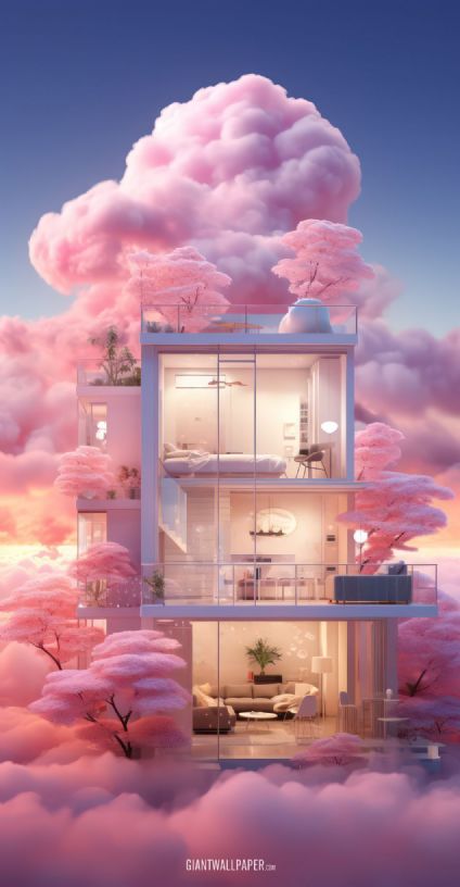 Dream house in pink clouds - a surreal and whimsical abode