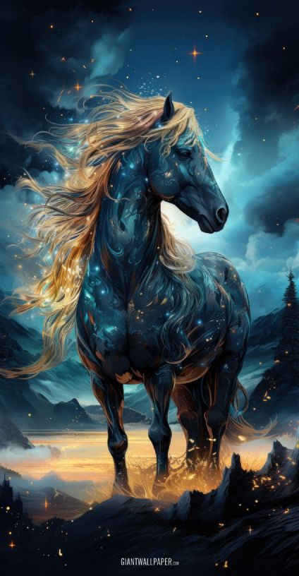 Behold the magnificence of a majestic black horse standing gracefully beneath a mesmerizing canopy of stars. This enchanting image captures the beauty of nature harmony under the night sky