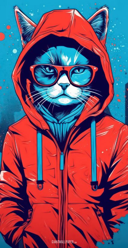 A whimsical image of a blue cat wearing glasses and a red hood, showcasing its charming and enchanting feline fashion with trendy eyewear and a cute hood