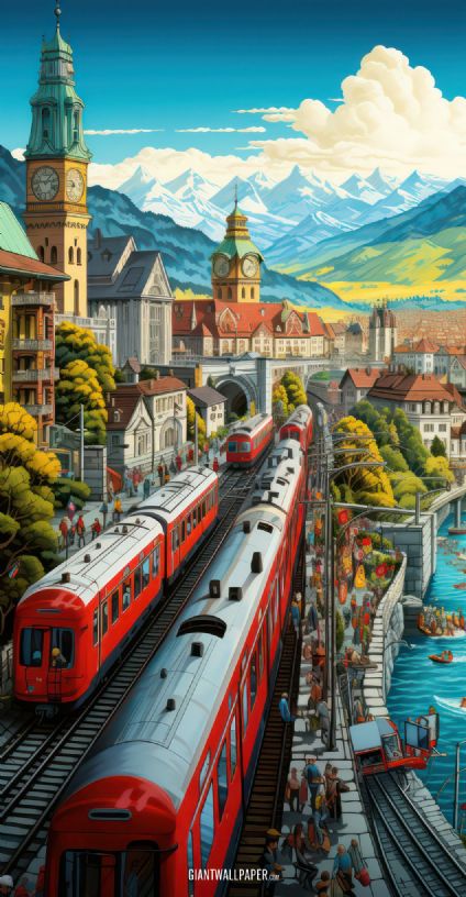 A captivating image capturing the scene of vibrant red trains lined up at a bustling train station in Europe, showcasing the efficiency and modernity of the continents railway system.