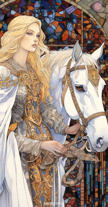 Captivating image featuring a princess dressed in a pristine white gown standing next to her majestic white horse, embodying a story of grace and enchantment.