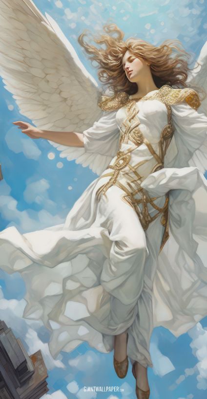 A captivating image featuring a beautiful angel with pristine white wings gracefully soaring through the sky, a mesmerizing embodiment of ethereal elegance.