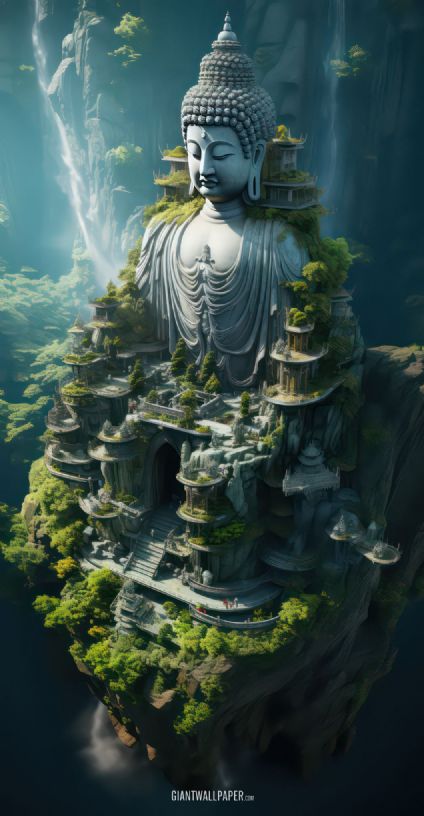 An awe-inspiring image of a giant Buddha statue peacefully seated on a high mountain, emanating a sense of spiritual marvel and tranquility