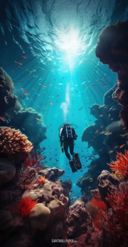 A fearless scuba diver explores the mesmerizing depths of the sea, surrounded by vibrant marine life and mysterious underwater landscapes.