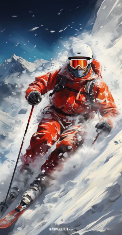 An exhilarating image capturing the adventure of a skilled skier gracefully sliding down from a lofty mountain peak, experiencing the exhilarating rush of skiing on snow.