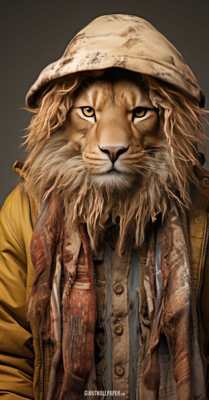 Charming image of a lion donning an old-fashioned hat and jacket, presenting a whimsical and imaginative depiction of wildlife.