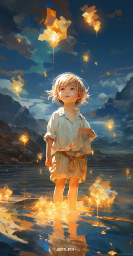 In the enchanting glow of a starry night, a joyful boy engages with the stars as he stands by the serene lake, surrounded by the beauty of nature and the wonders of the cosmos.