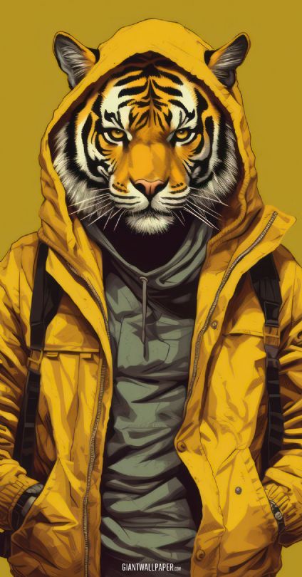 Endearing image of a young tiger donning a yellow hood, exuding playfulness and curiosity, offering a unique and whimsical glimpse into the world of wildlife.