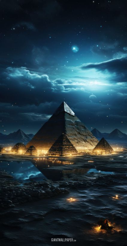 Marvel at the celestial beauty as pyramids stand proudly under a mesmerizing starry sky. This mystical landscape captures the allure of ancient wonders and offers a breathtaking view for stargazing enthusiasts.