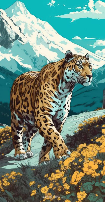 A graceful image of a leopard walking on a mountain, showcasing the majestic beauty of this wild feline in its natural habitat amidst the rugged mountainous terrain