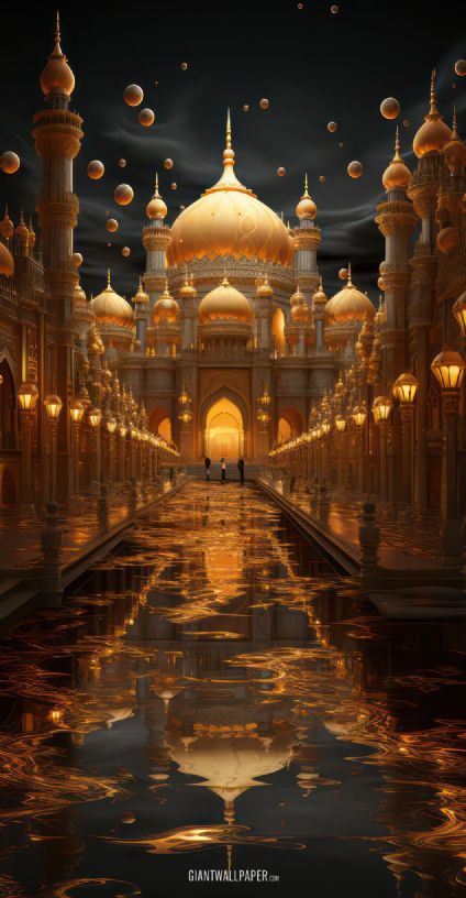 A mesmerizing image of a golden palace shining in the night, radiating regal splendor with its majestic architecture and illuminated beauty