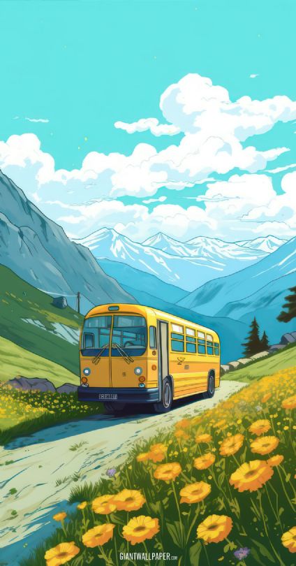 Scenic image showcasing a vibrant yellow school bus navigating a mountain road, surrounded by picturesque yellow flowers in full bloom, creating a charming and idyllic scene.