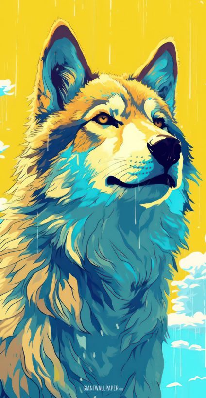 A striking graphic illustration featuring a wolf adorned in captivating shades of blue and yellow, a visually stunning portrayal of natures majestic beauty.