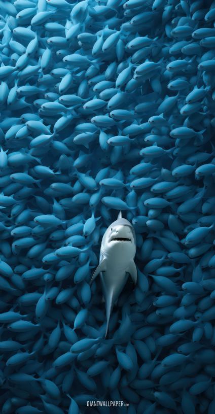 An awe-inspiring image capturing the elegance of a blue shark as it effortlessly navigates through a vibrant school of small blue fish, showcasing the captivating beauty of marine life in motion.