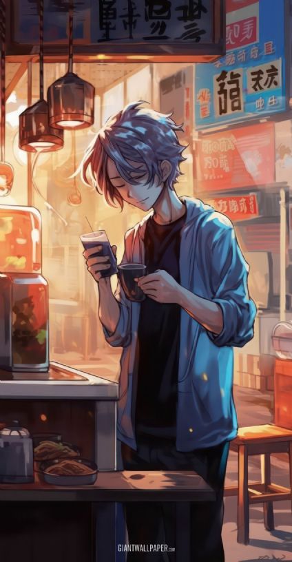 Boy in a Cafe, Coffee, Anime Cartoon