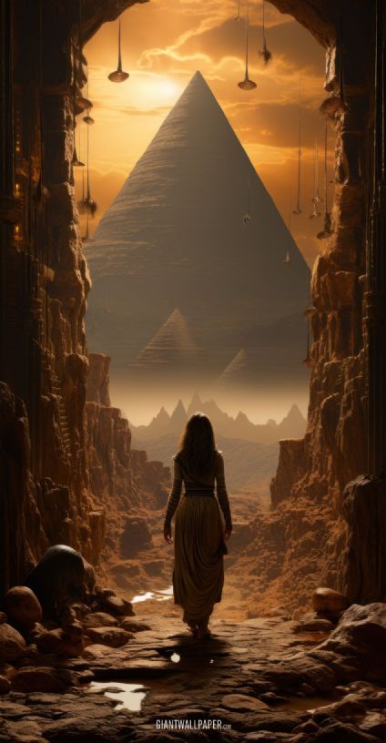 woman walking, giant pyramid, sunset landscape, horizon journey, majestic architecture, mystical ancient pyramid, golden hour, travel adventure, awe-inspiring scener