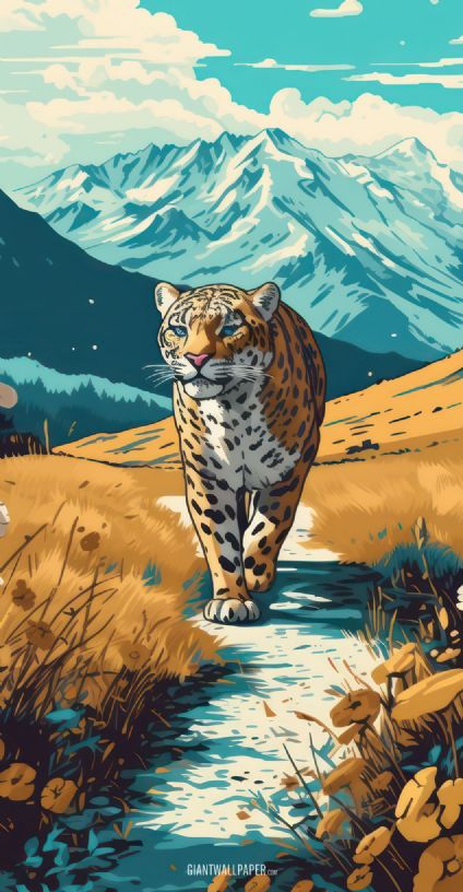 An evocative image capturing a solitary leopard walking gracefully amidst a mountainous terrain adorned with delicate flowers, encapsulating the beauty of natures quietude