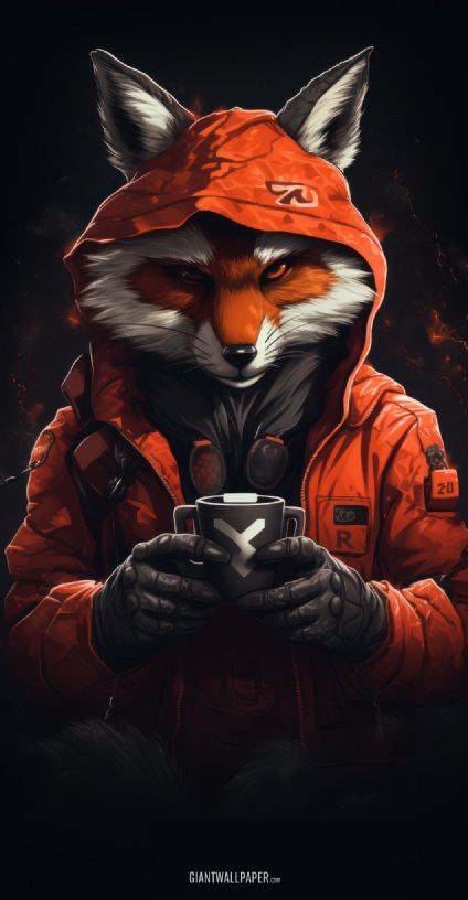 An adorable image of a red fox dressed in a cozy hooded jacket, enjoying a warm cup of coffee