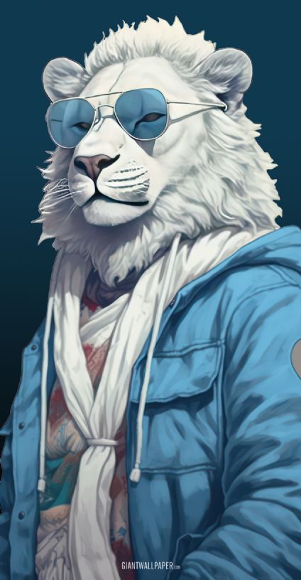 A whimsical image featuring a fashionable white lion adorned in a trendy blue jacket and clear glasses, making a unique and playful fashion statement.