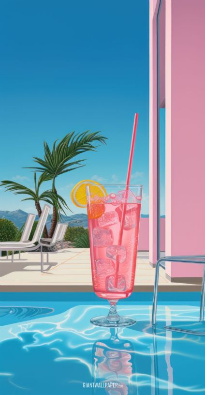 Indulge in the delightful sight of a refreshing pink cocktail placed elegantly near the sparkling swimming pool, surrounded by the blissful ambiance of a perfect summer day