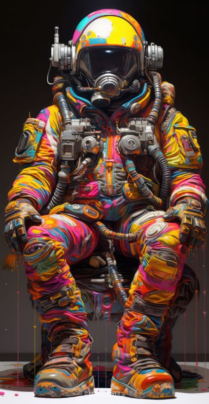 Funny image of an astronaut in a colorful suit sitting - space humor