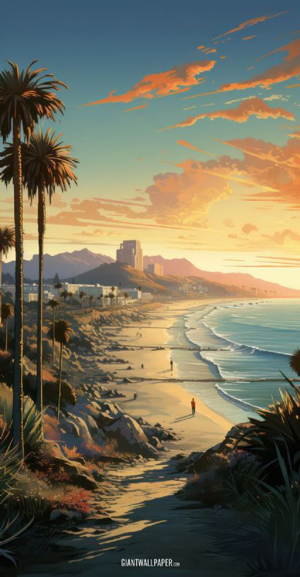 An enchanting image capturing the serene beauty of a California beach at sunset, with the golden hues of the sun painting a tranquil scene by the sea.