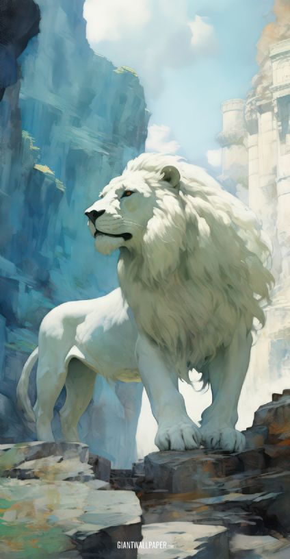 A breathtaking image capturing the majestic sight of a white lion king standing proudly on a mountain peak, symbolizing strength and regal authority.