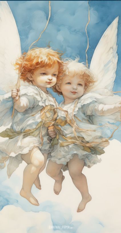 An enchanting image of two cupids flying together in the sky, their playful flight symbolizing love and romance with heavenly charm