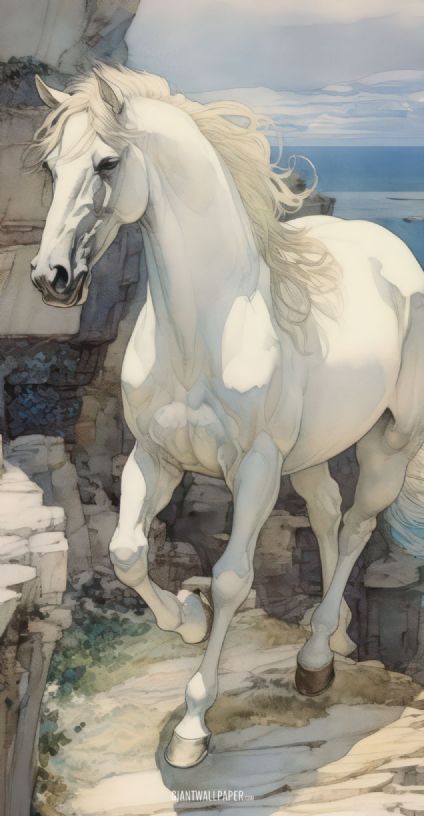 An exquisite image capturing the elegance of a white horse walking gracefully along the edge of a cliff, embodying serenity and natural beauty in motion.