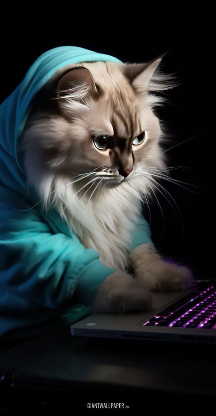 An enchanting image capturing a white cat inquisitively typing on a notebook, set against a dark backdrop, a charming and whimsical portrayal of feline curiosity.