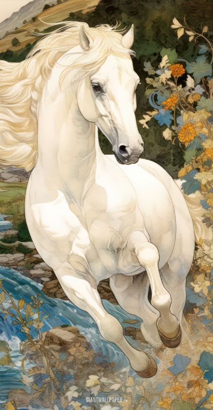 White Horse Running: Witness the grace and power of a majestic horse running freely in nature.