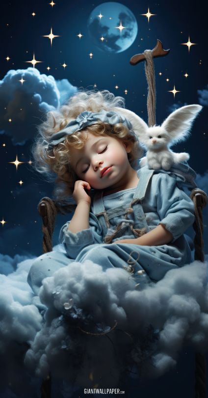 Gentle image capturing the tranquil sight of an angel peacefully sleeping on a fluffy cloud, embodying a serene and heavenly moment.