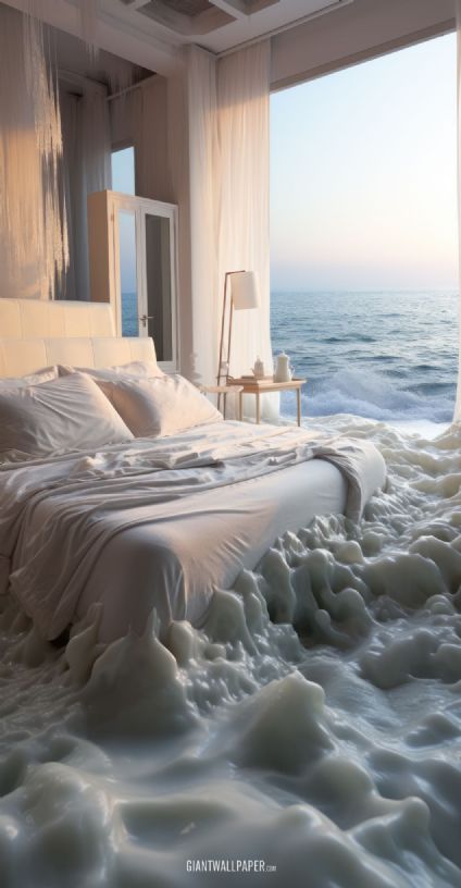 Bedroom next to the sea flooding with water - a surreal and dramatic coastal scene