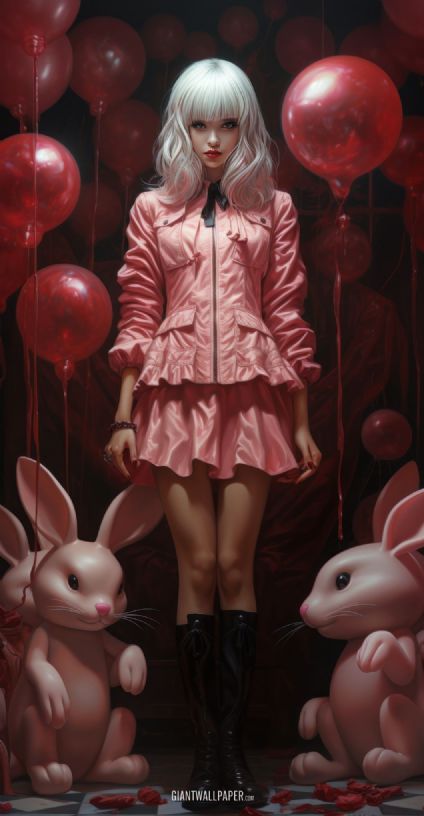 Girl with Silver Hair in Red Dress Surrounded by Red Balloons and White Rabbit Dolls