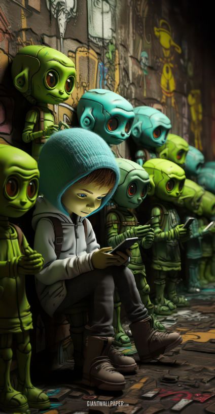 Boy playing his smartphone among friendly aliens - an imaginative adventure