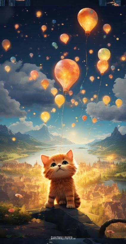 An adorable kitten captivated by colorful balloons flying high in the sky, expressing curiosity and joy in this dreamy outdoor scene