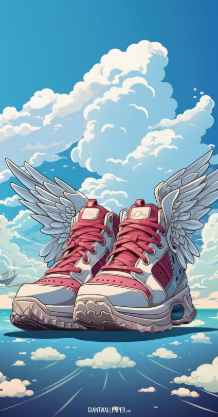 Imaginative image capturing the surreal sight of a pair of giant red shoes with wings gracefully soaring through the sky above the tranquil sea.