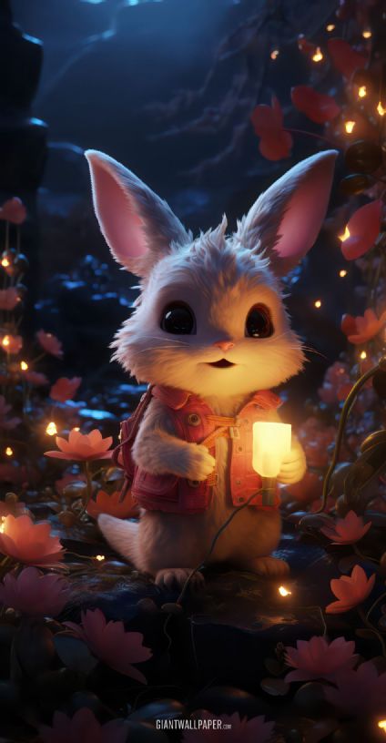 A heartwarming image of a cute little rabbit holding a flickering candle in the darkness, embodying a message of resilience, comfort, and hope.