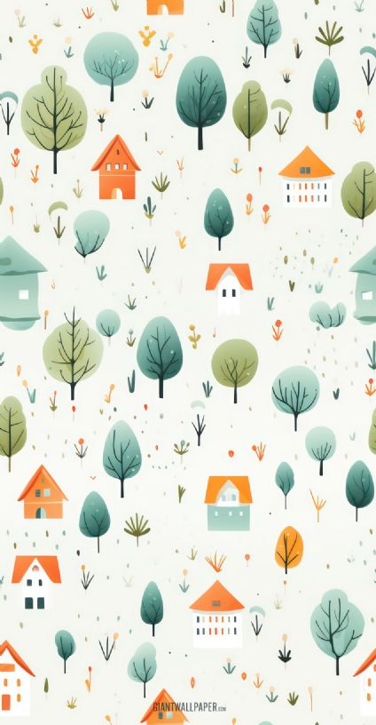 Houses and trees pattern on white background - a charming and peaceful design