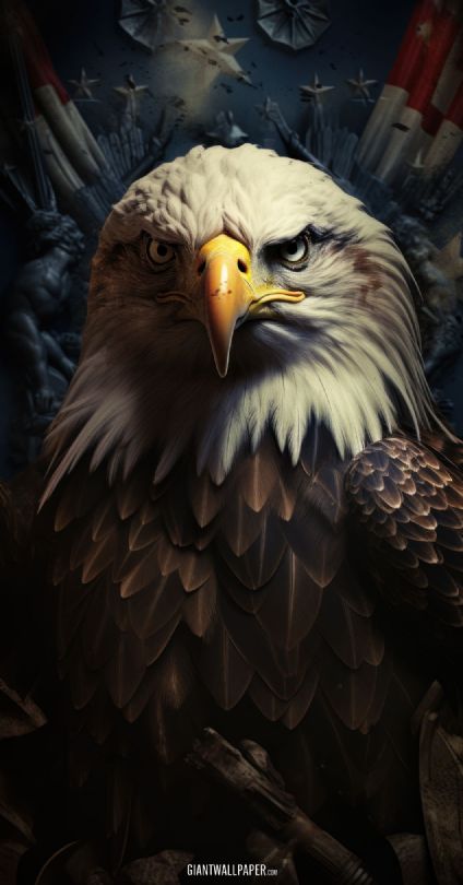 A powerful portrait capturing the regal essence of a bald eagle alongside the American flag, set against a dark background, representing the ideals of freedom and patriotism.