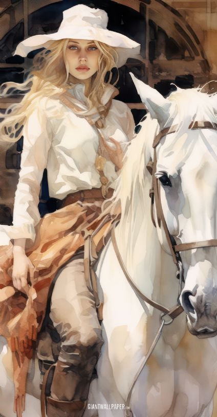 A captivating image featuring a blonde hair cowgirl confidently riding a white horse, embodying the elegance and action of equestrian pursuits.